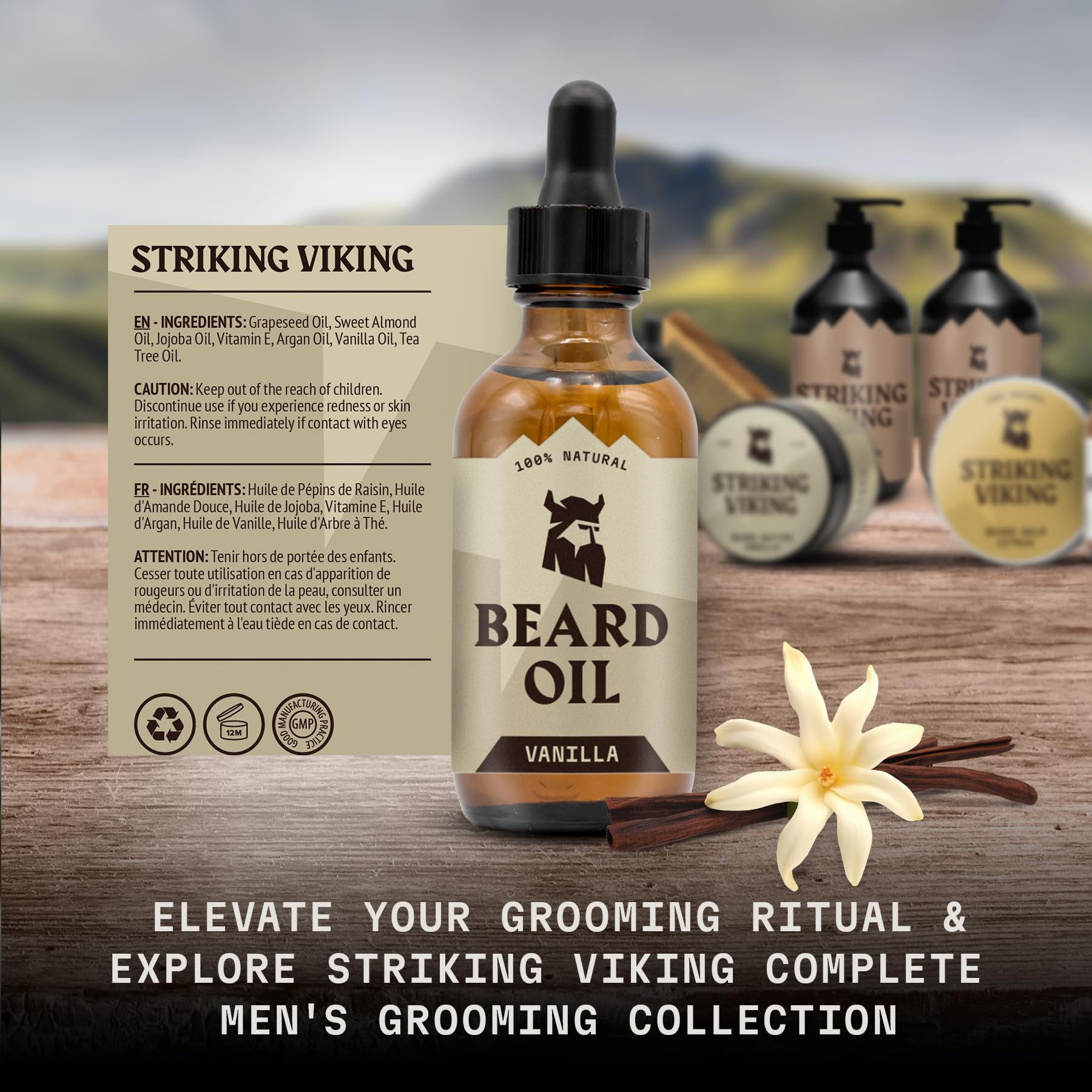 Striking Viking vanilla scent enhances daily beard grooming ritual.