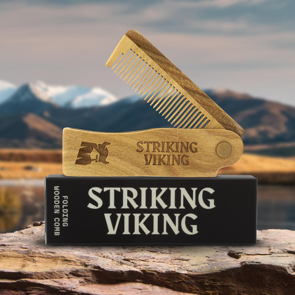 Striking Viking wooden beard care kit communicates durable craftsmanship and long-lasting use.