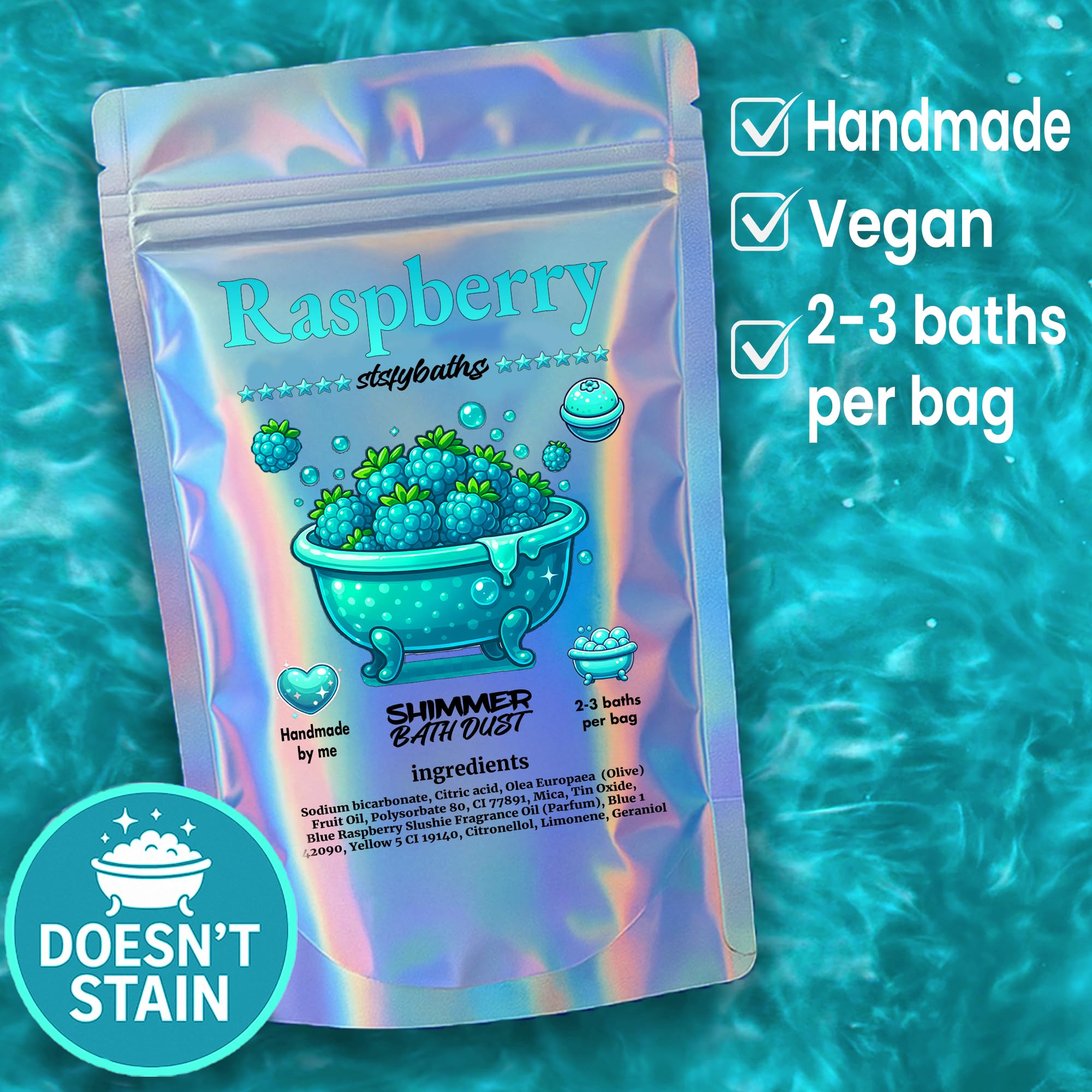 Stsfybaths bath tub fizz in turquoise evokes raspberry aroma and relaxing bath moment.