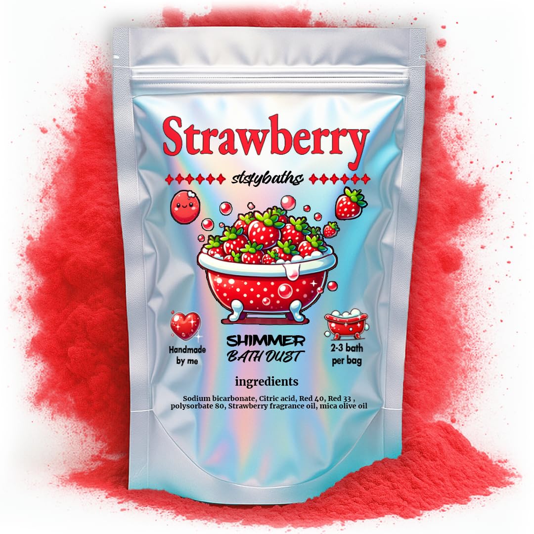 Stsfybaths Red Shimmer Bath Bomb in bag releasing strawberry aroma for a relaxing soak