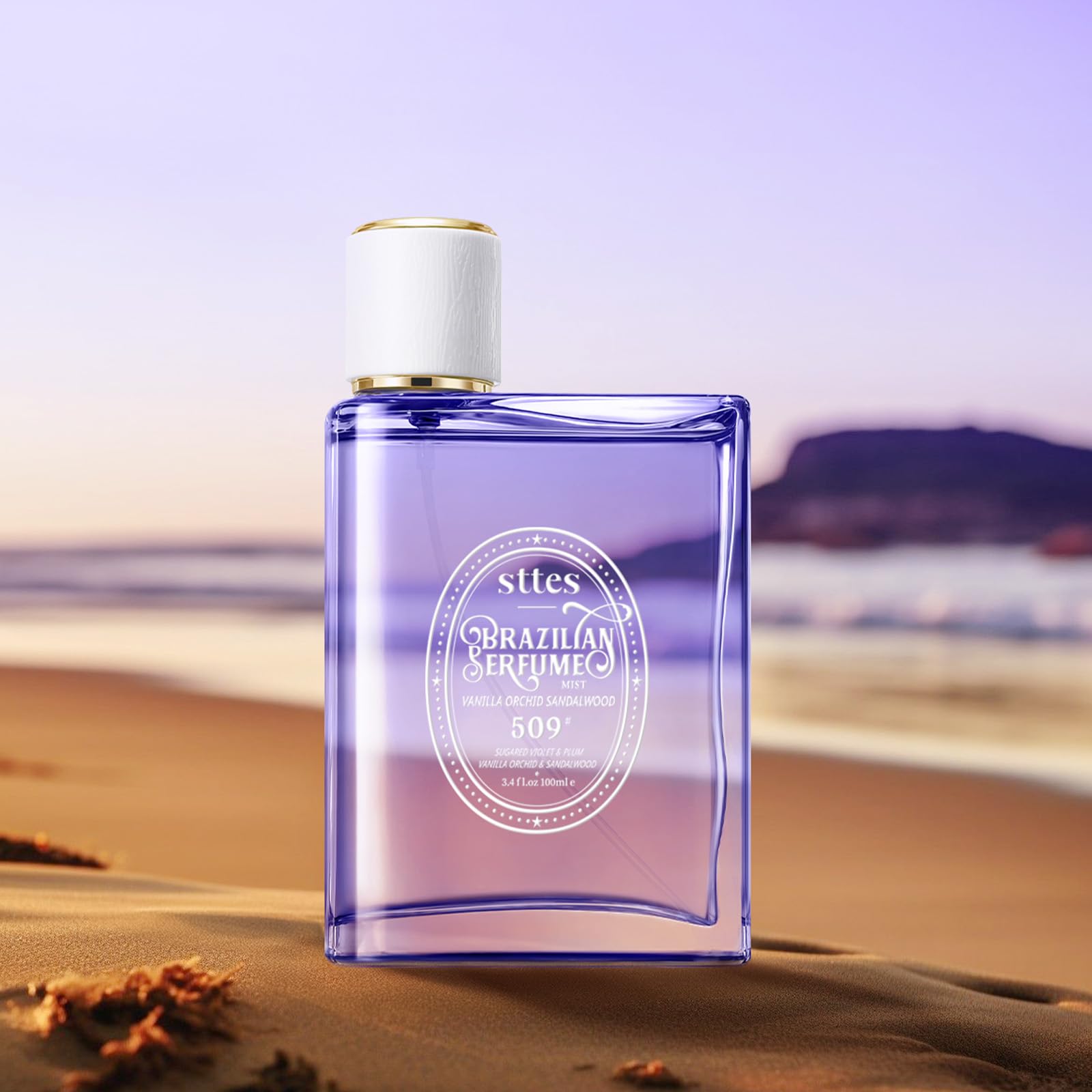 Sttes Perfume 509# beach vibes scene conveys tropical energy for vacation wear.