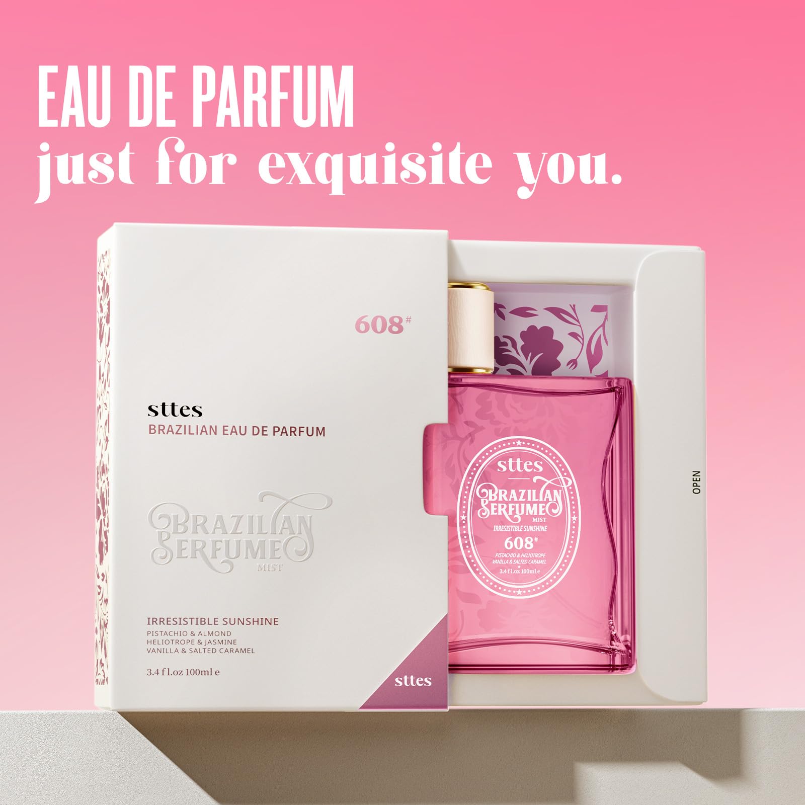 Sttes Perfume 608 bottle on nightstand indicating lasting presence
