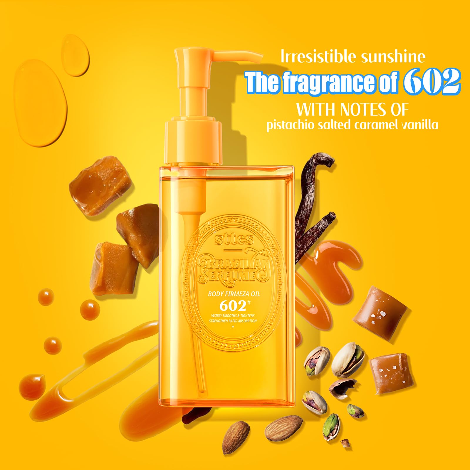 Sttes Body Firmeza Oil pistachio salted caramel fragrance conveys luxurious spa-like experience.