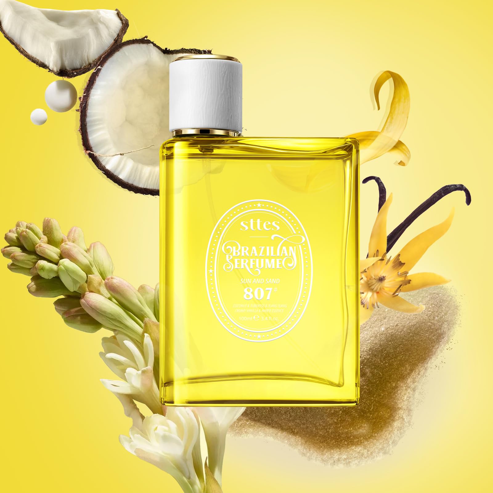 Sttes Sun and Sand bottle close-up highlighting coconut milk notes for beachy vibes.