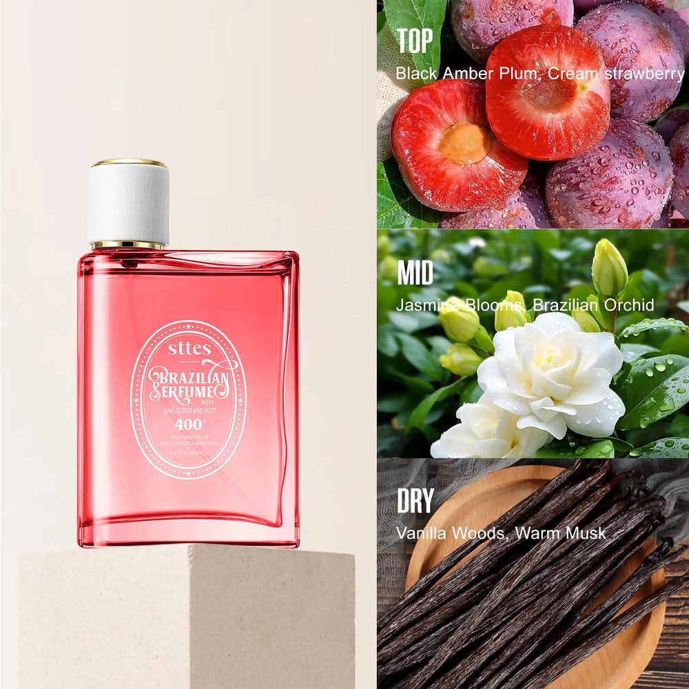 Stttes Perfume 400# top notes with plum and strawberry for a vibrant opening.