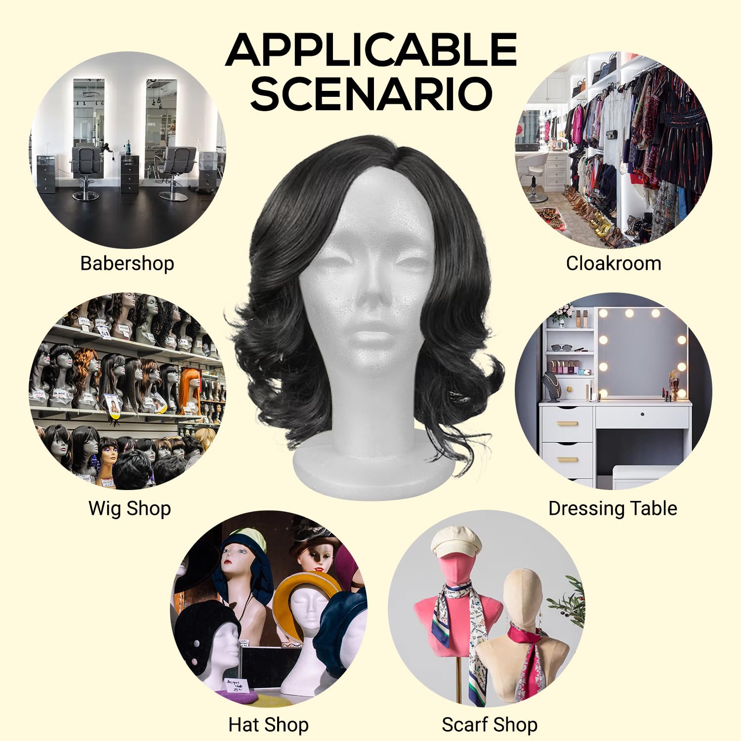 STUDIO LIMITED mannequin head bottom-hole clamp enables adjustable wig mounting.