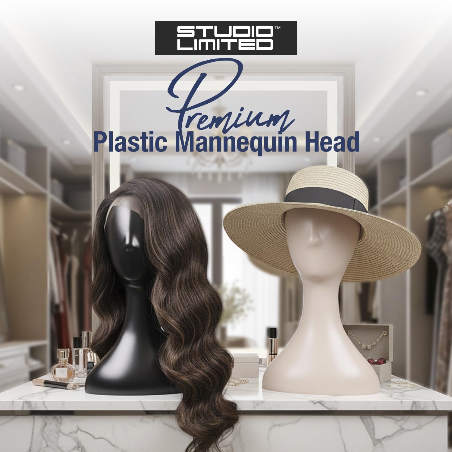 Studio Limited mannequin head close-up in black showing smooth plastic surface for cleaning.