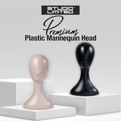 Studio Limited mannequin head close-up in black showing smooth plastic surface for cleaning.
