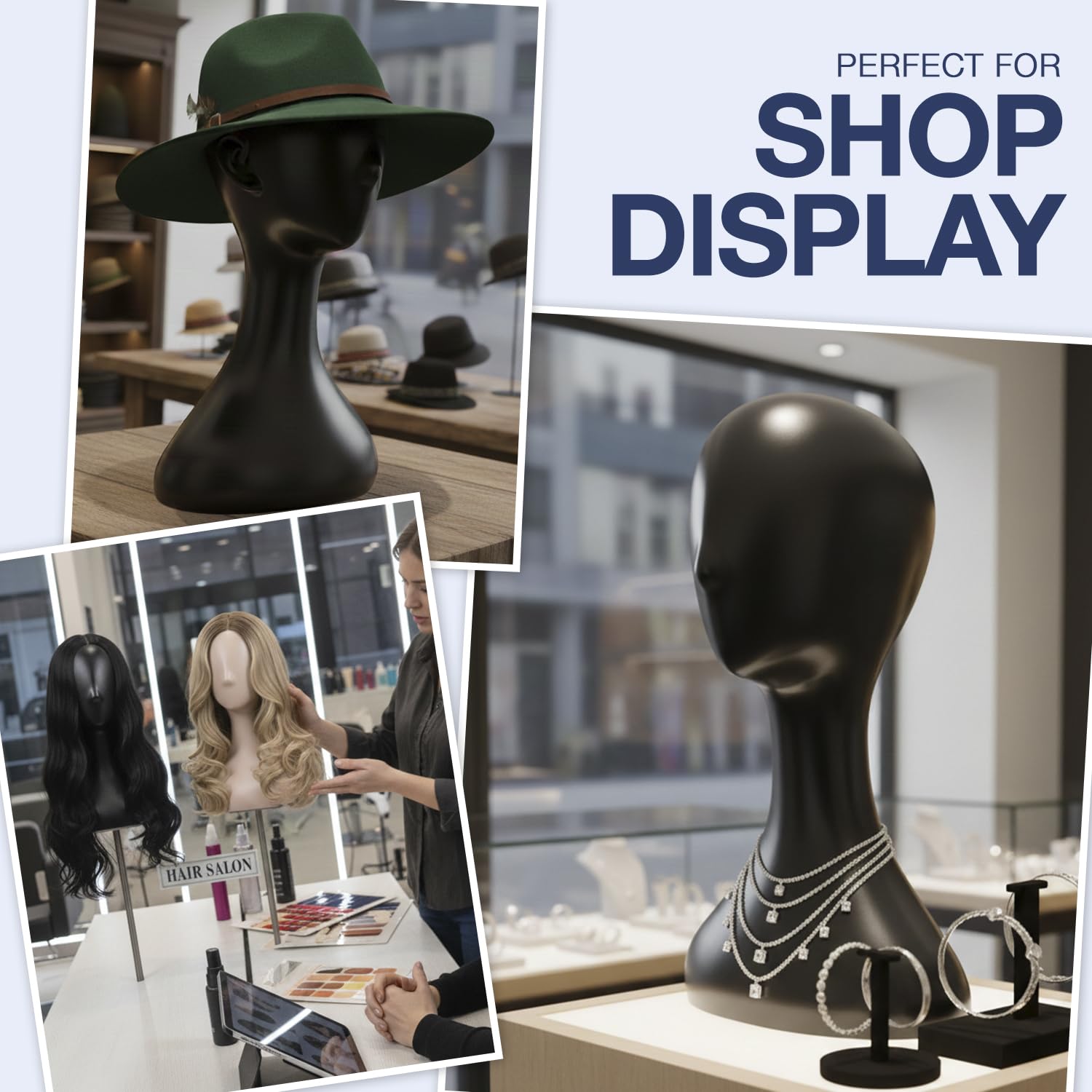 Studio Limited mannequin head hat-display with jack for quick styling transitions.