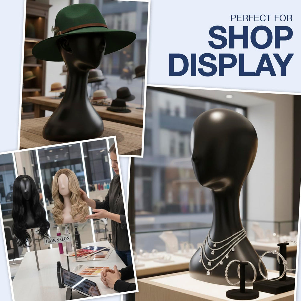 Studio Limited mannequin head hat-display with jack for quick styling transitions.