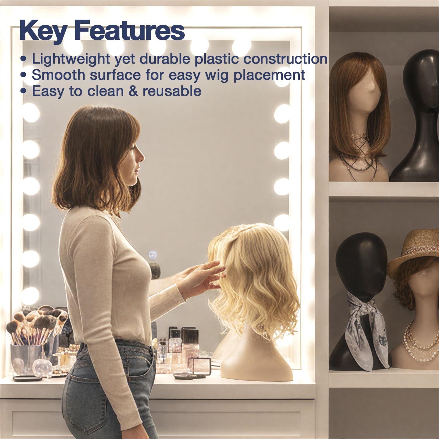 Studio Limited portable lightweight mannequin head ready for mobile wig or jewelry displays.