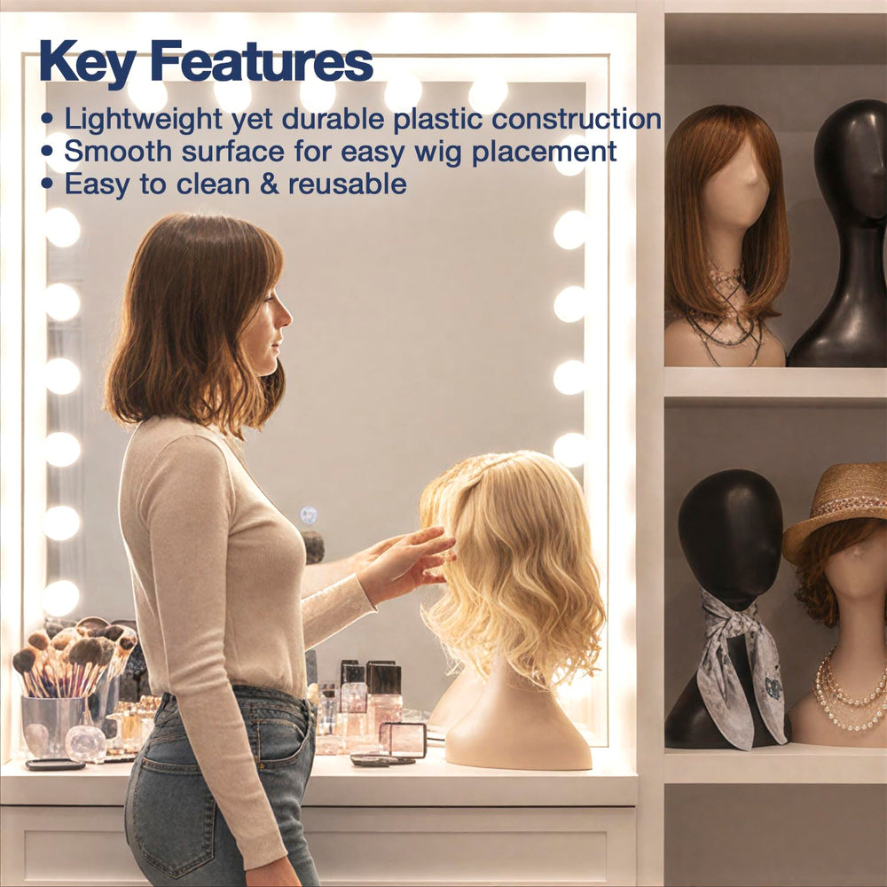 Studio Limited portable lightweight mannequin head ready for mobile wig or jewelry displays.