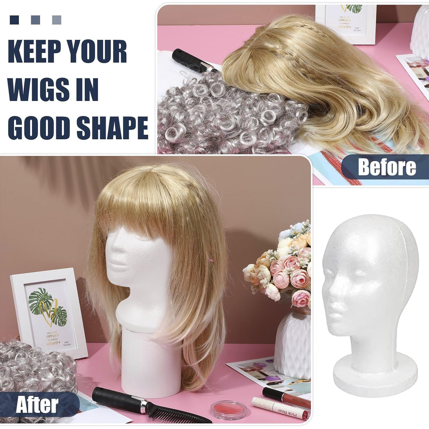 STUDIO LIMITED mannequin head wig-styling and dressing on white foam.