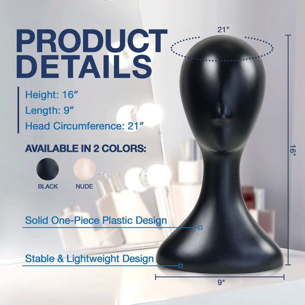 Studio Limited wig-display head in black highlighting built-in jack for hats and accessories.