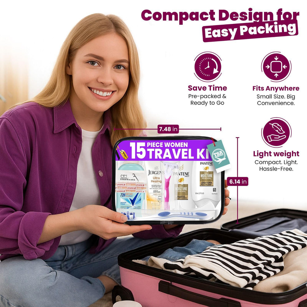 Essentials arranged within Trektote show all-in-one travel care