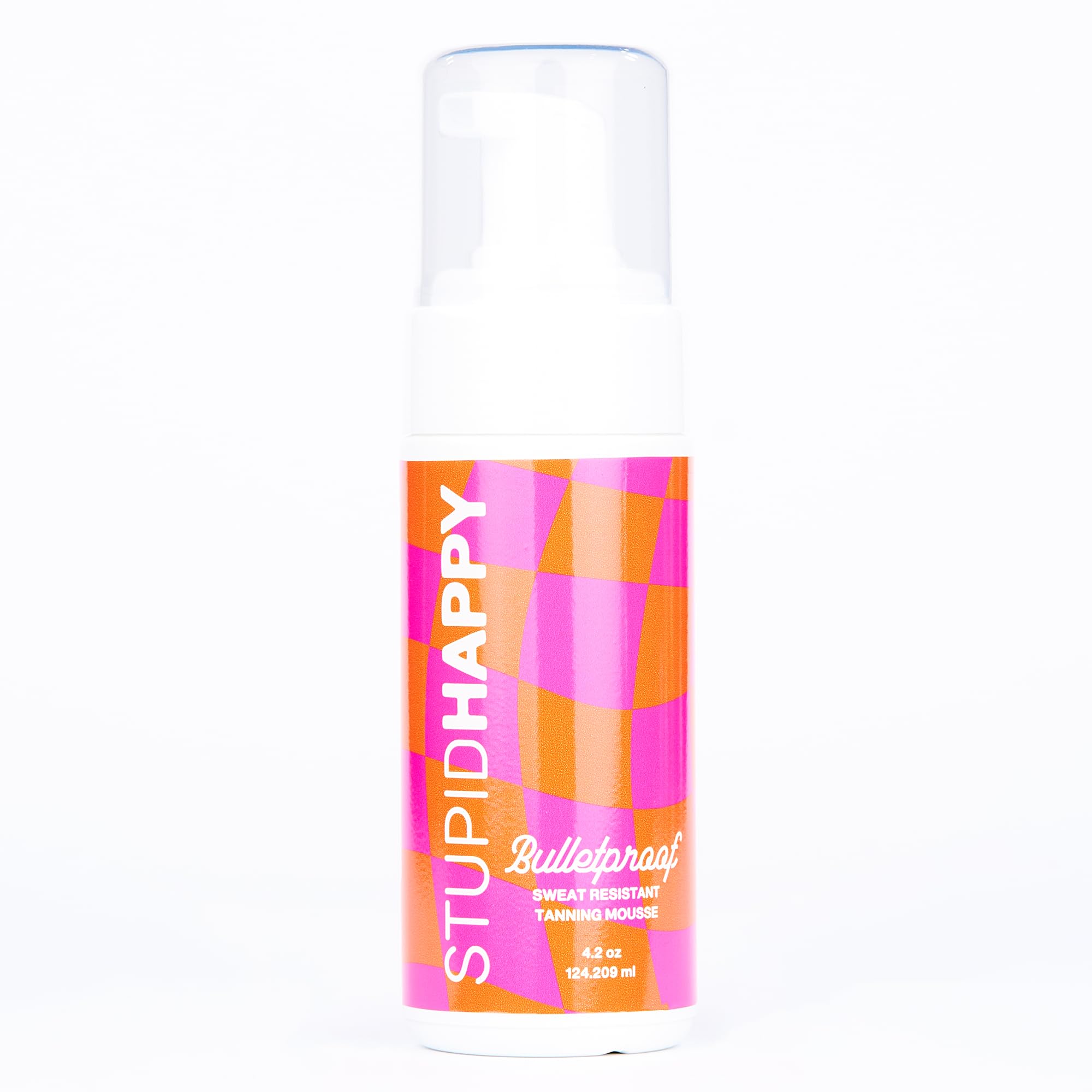 Stupid Happy self-tanner mousse bottle with even bronze glow for everyday skin.