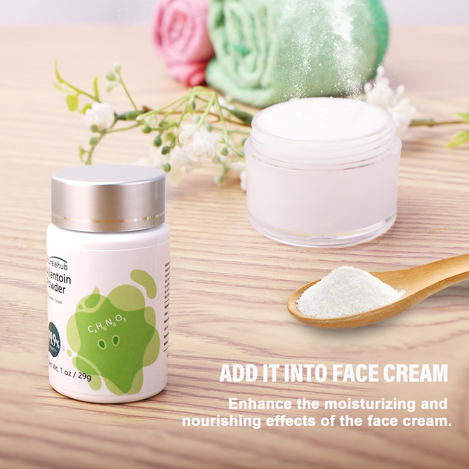 Sturelehub Allantoin Powder packaging emphasizes cosmetic-grade purity for DIY products.