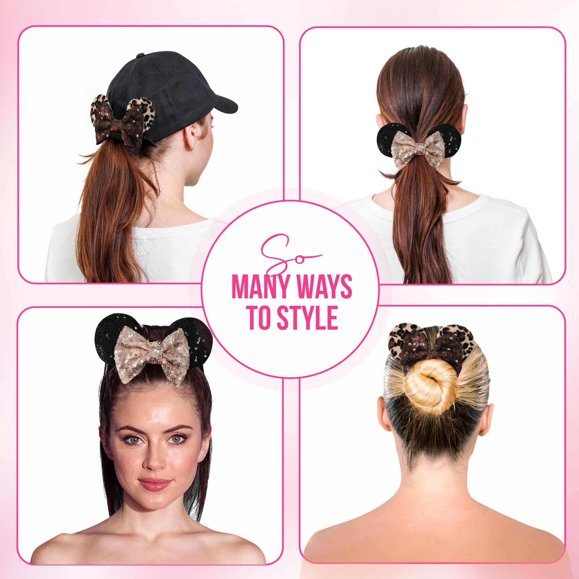 Styla Hair mouse ear scrunchies with red sequined bows for kids and adults, adds playful sparkle.