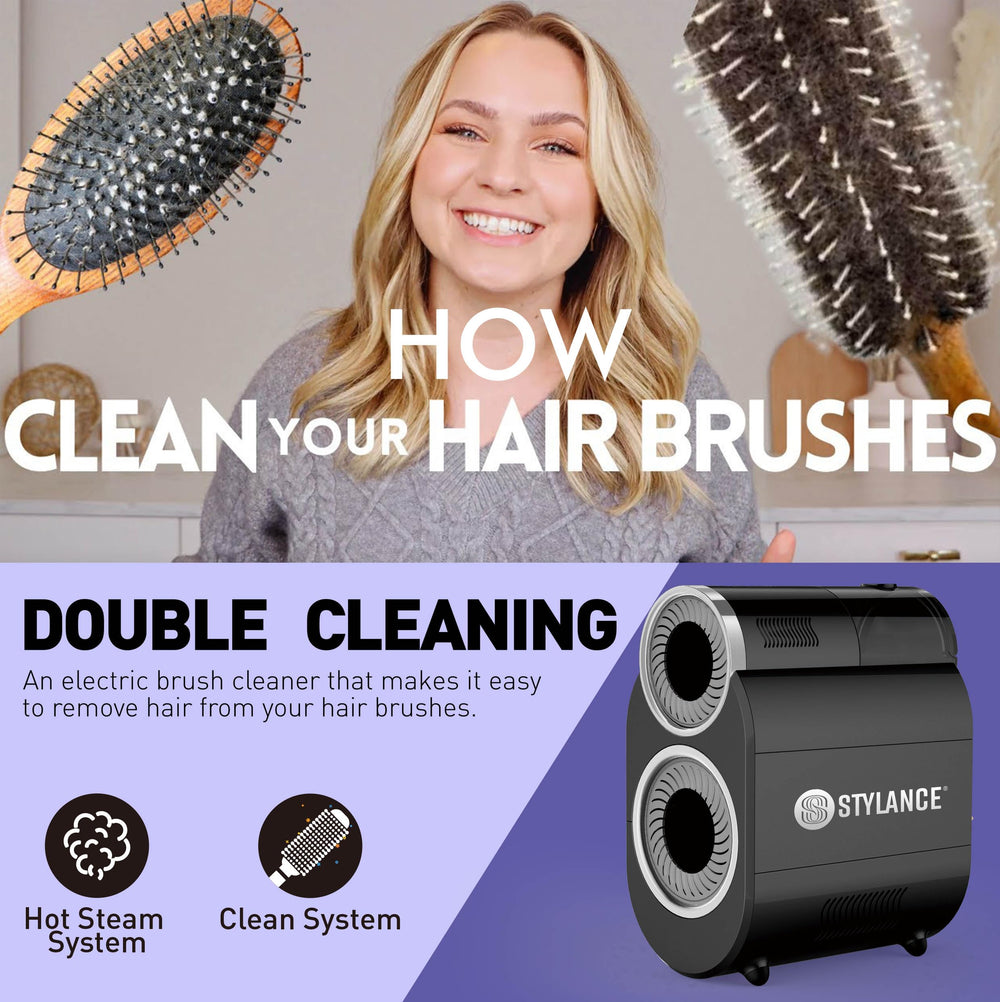 STYLANCE brush cleaner steam function highlights gentle steam cleaning action.