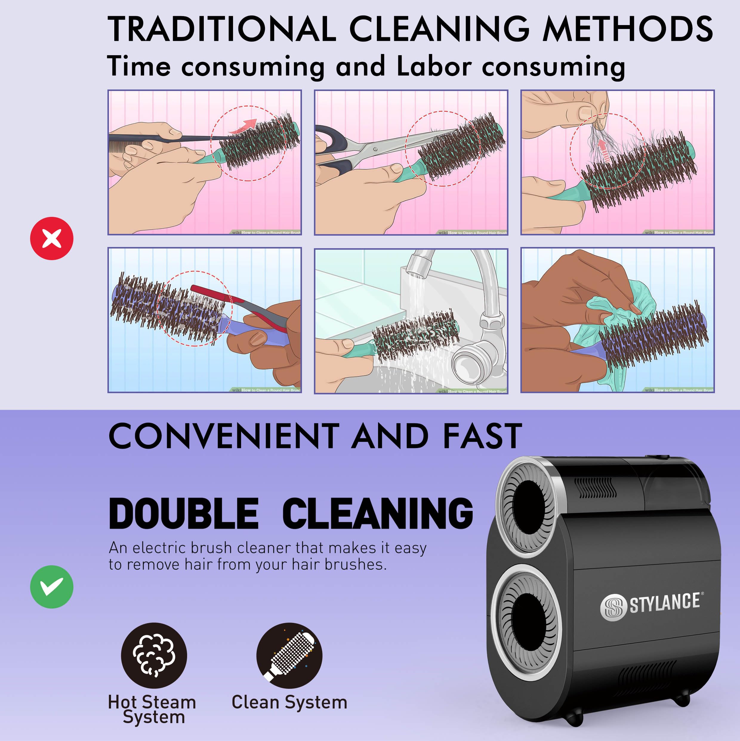 STYLANCE brush cleaning tool upper hot-steam stage heats quickly for efficiency.