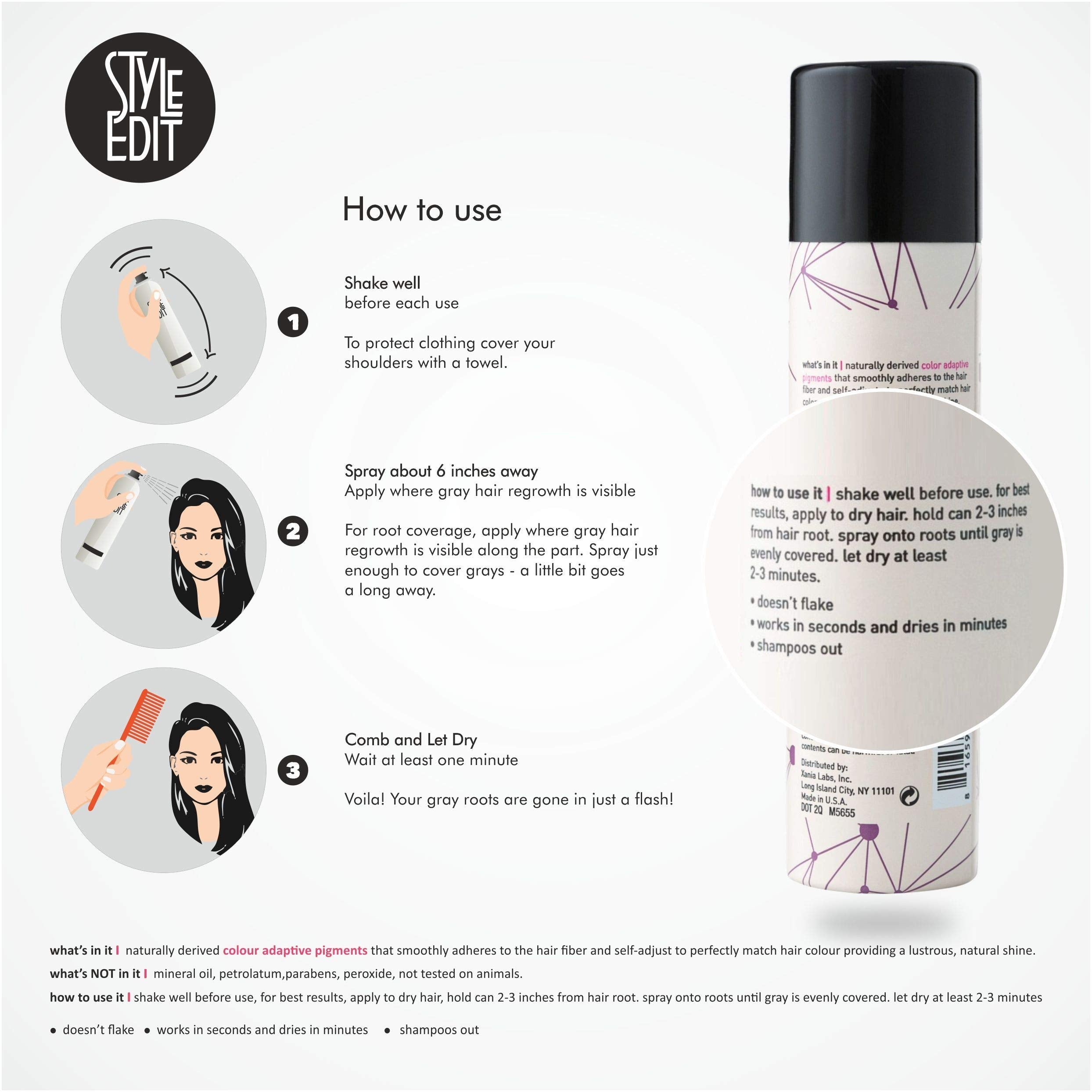 Style Edit Light Brown Root Concealer spray-dispense provides fast coverage in seconds.