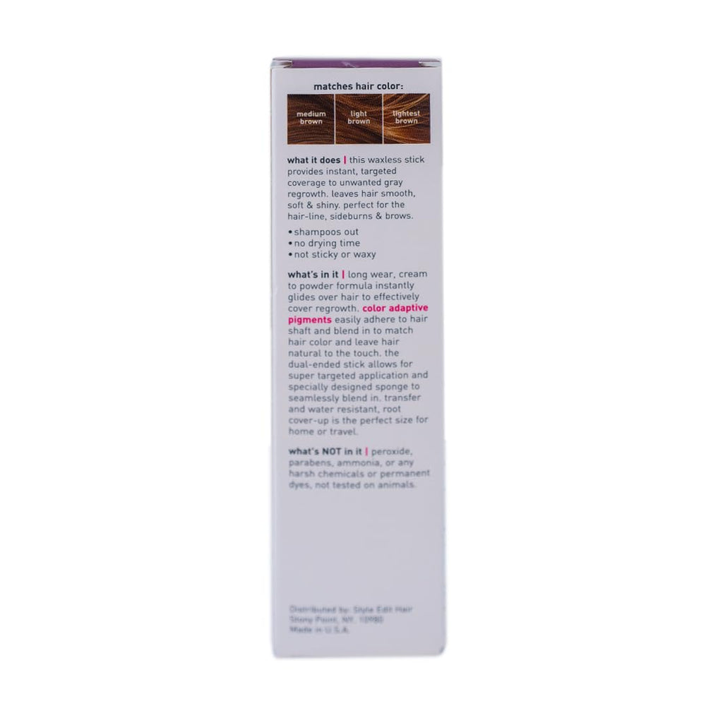 STYLE EDIT Root Touch Up Stick matches medium brown shade for reliable coverage.