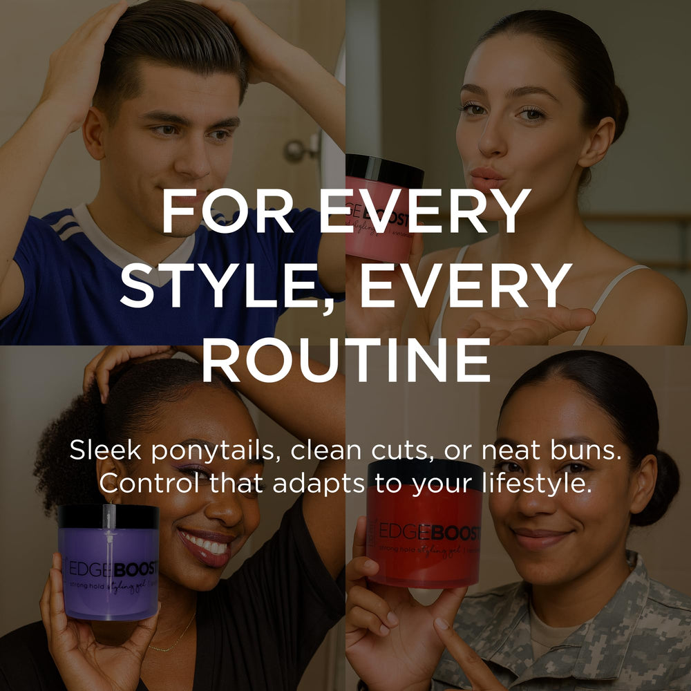 Style Factor EDGE BOOSTER 16.9oz bottle displayed on a vanity for at-home styling.