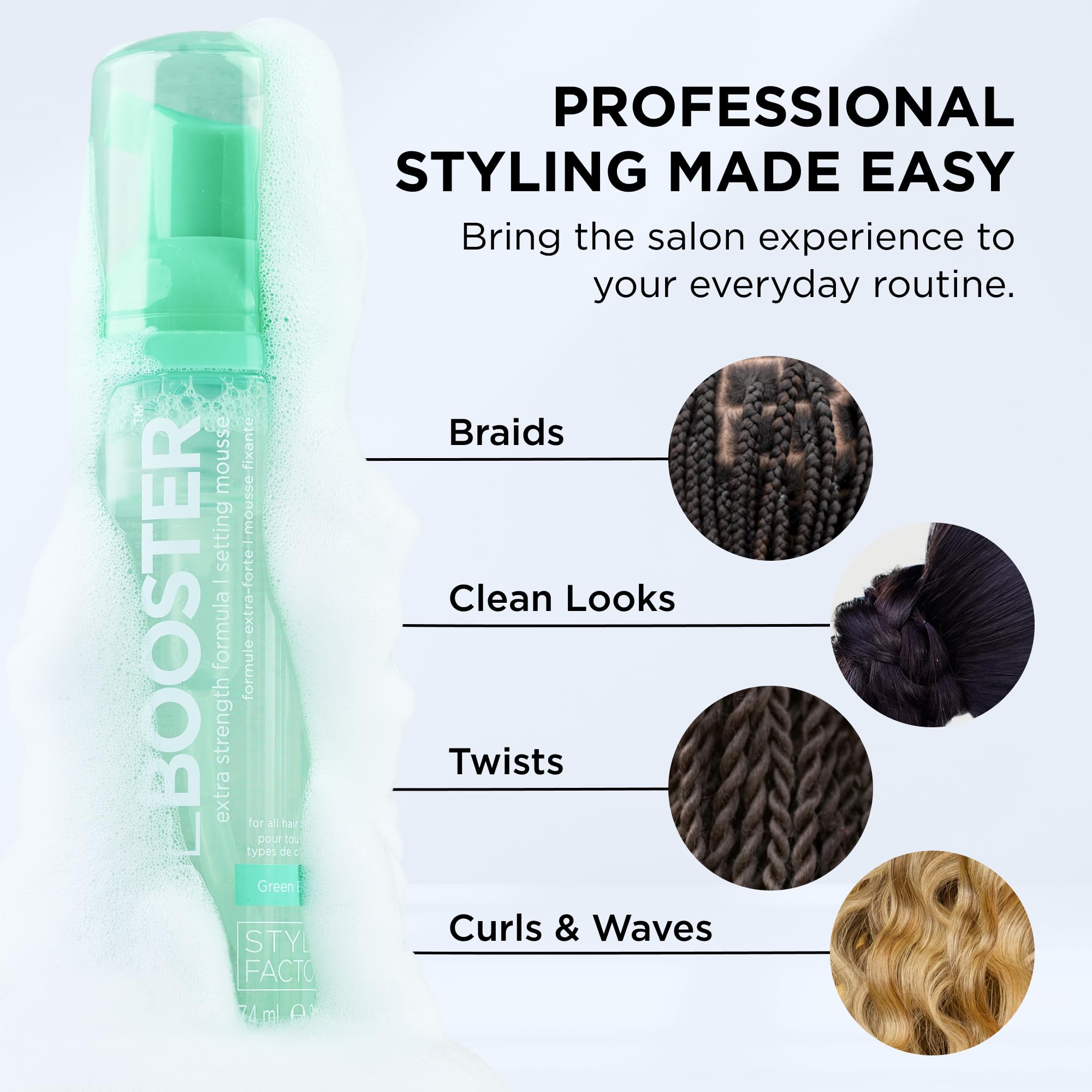 Style Factor Edge Booster extra-volume image emphasizing bouncy curls without weighing hair down.