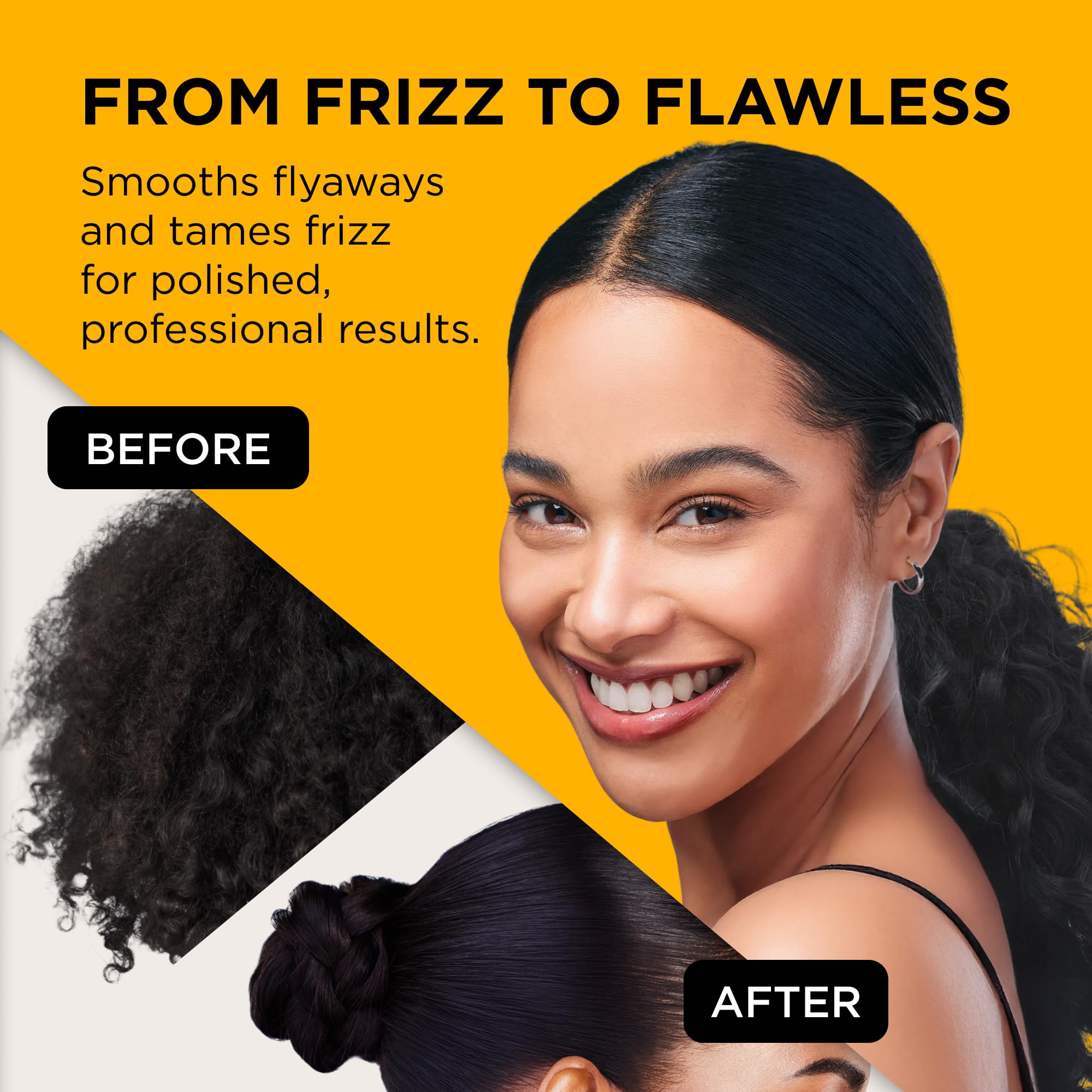 EDGE BOOSTER demonstrates frizz control on styled hair.