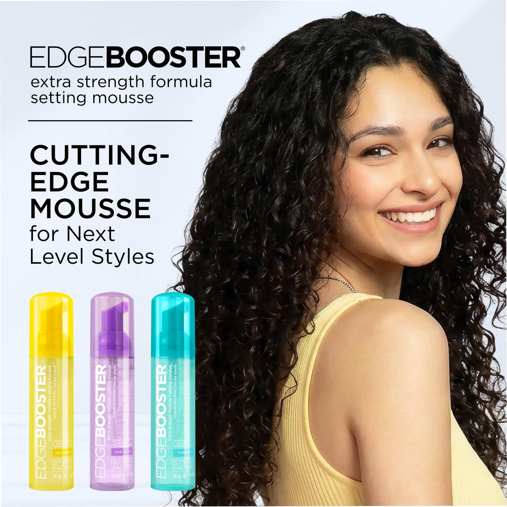 Style Factor Edge Booster violet crystal mousse container shows extra hold and conditioning for curls.