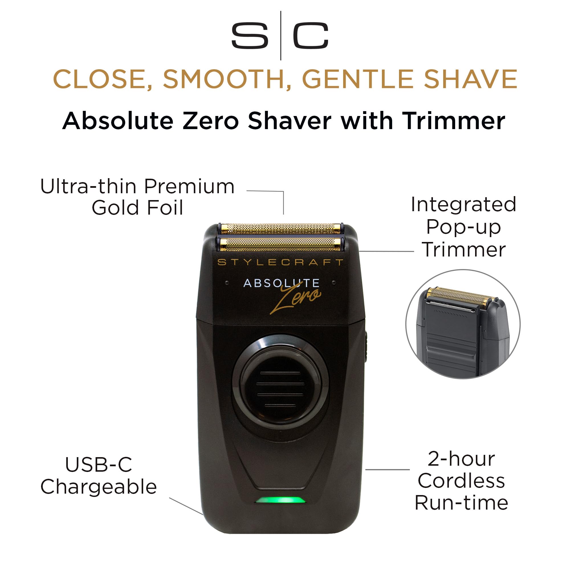 StyleCraft Absolute Zero Foil Shaver with retractable-trimmer ready for 2-in-1 shaping.