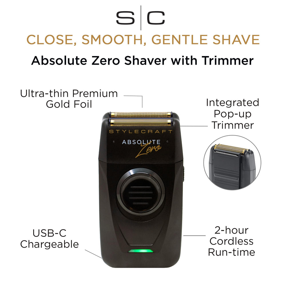 StyleCraft Absolute Zero Foil Shaver with retractable-trimmer ready for 2-in-1 shaping.