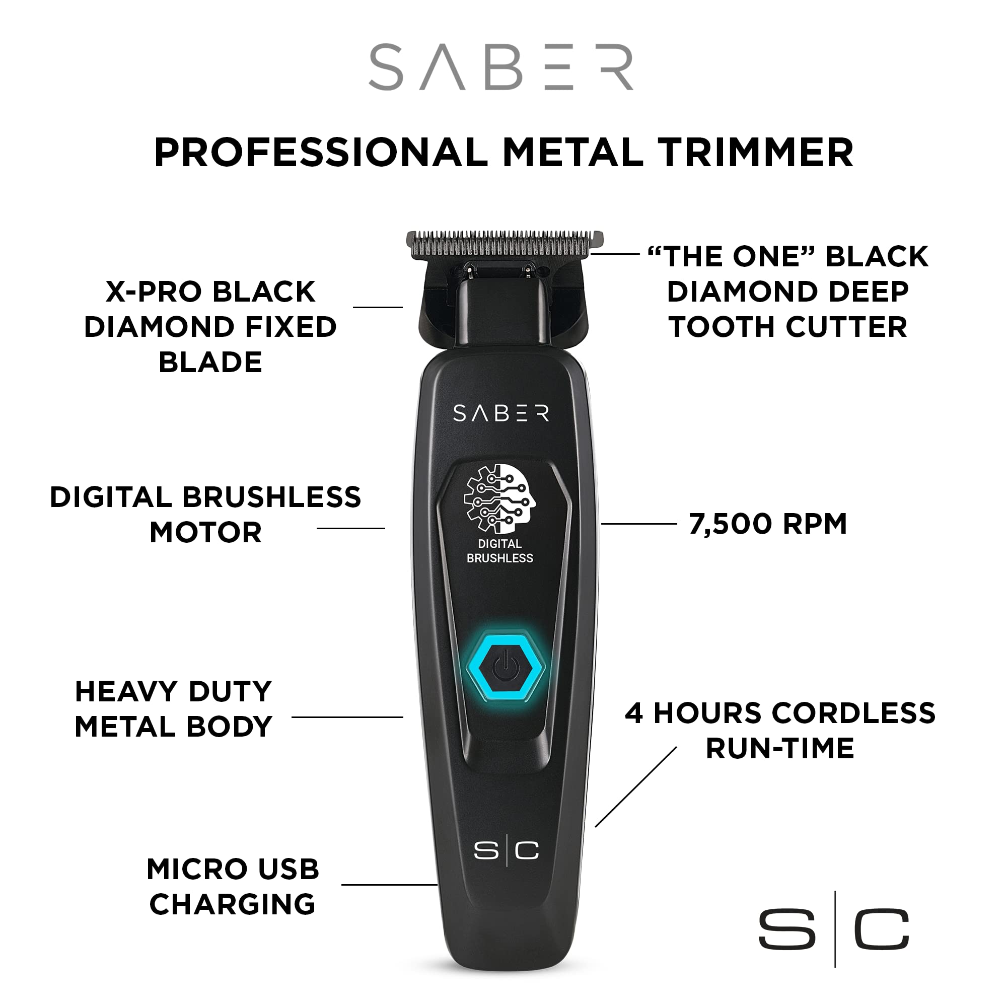 StyleCraft Saber digital brushless motor delivers powerful cutting at 7,000 rpm for clean trims