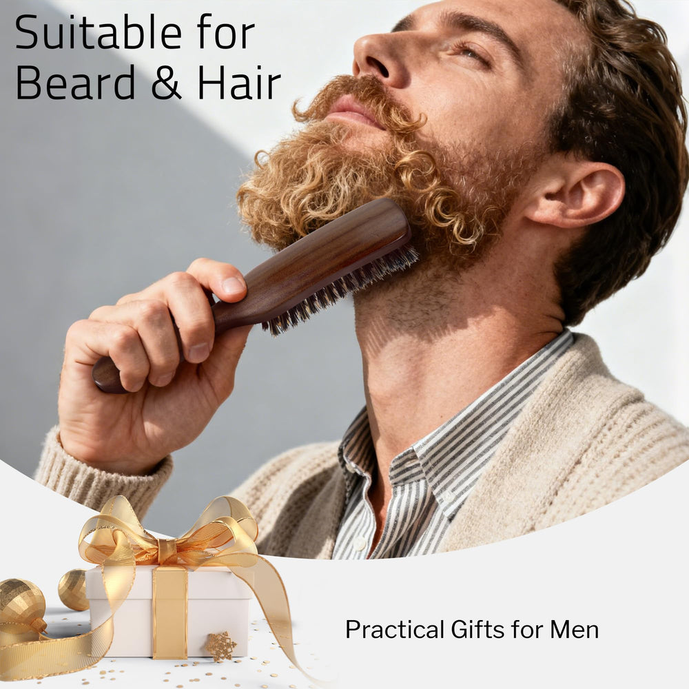 STYLEMATE beard brush use, applying oil evenly for beard shaping.