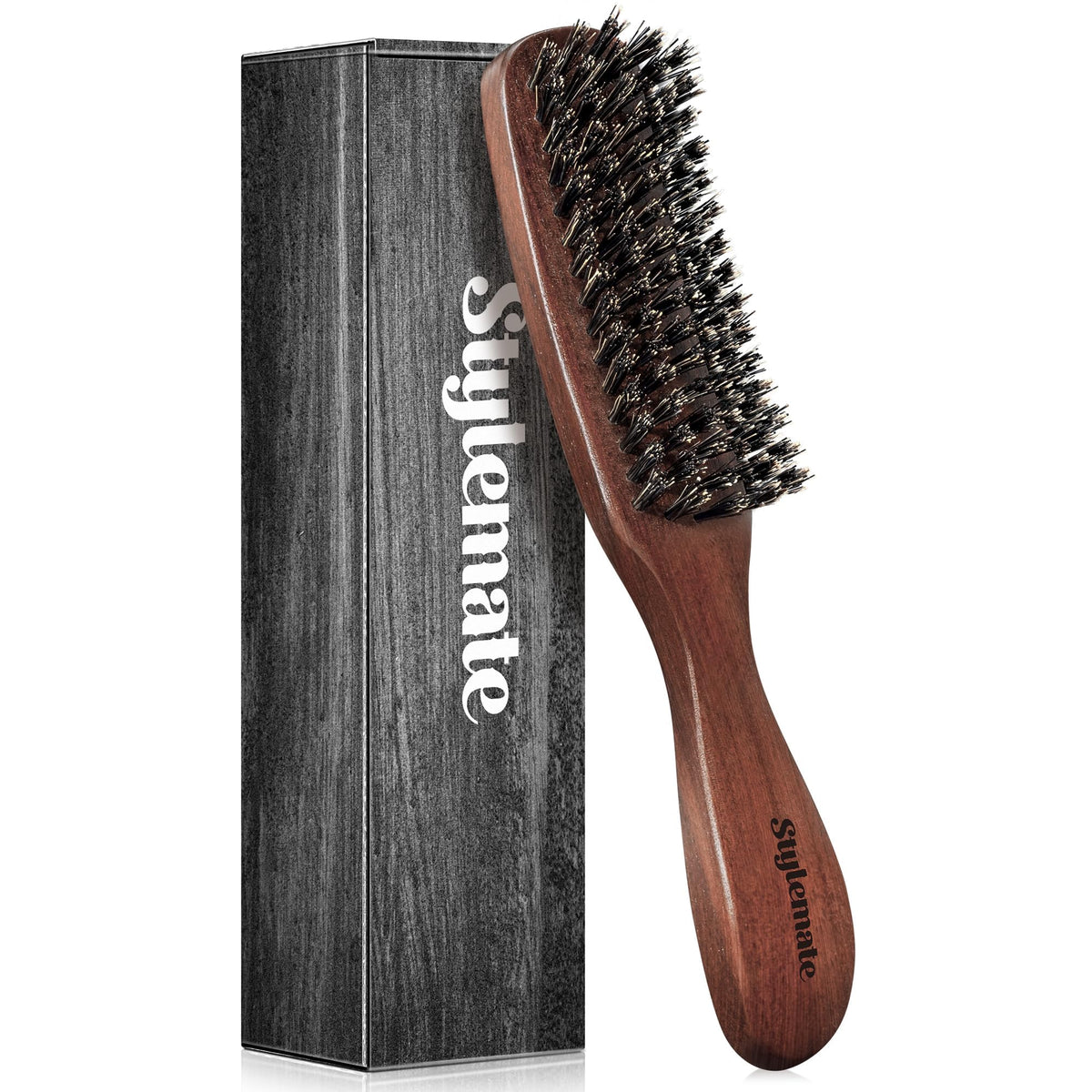 STYLEMATE boar bristle hair brush men, closeup of bristles for smoothing and shine.