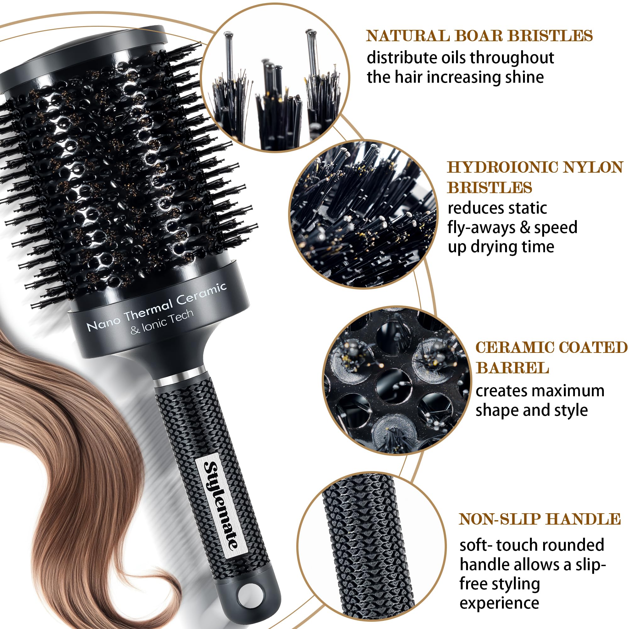 STYLEMATE large-round brush boar-bristles nylon-pins distribute oils for natural shine.