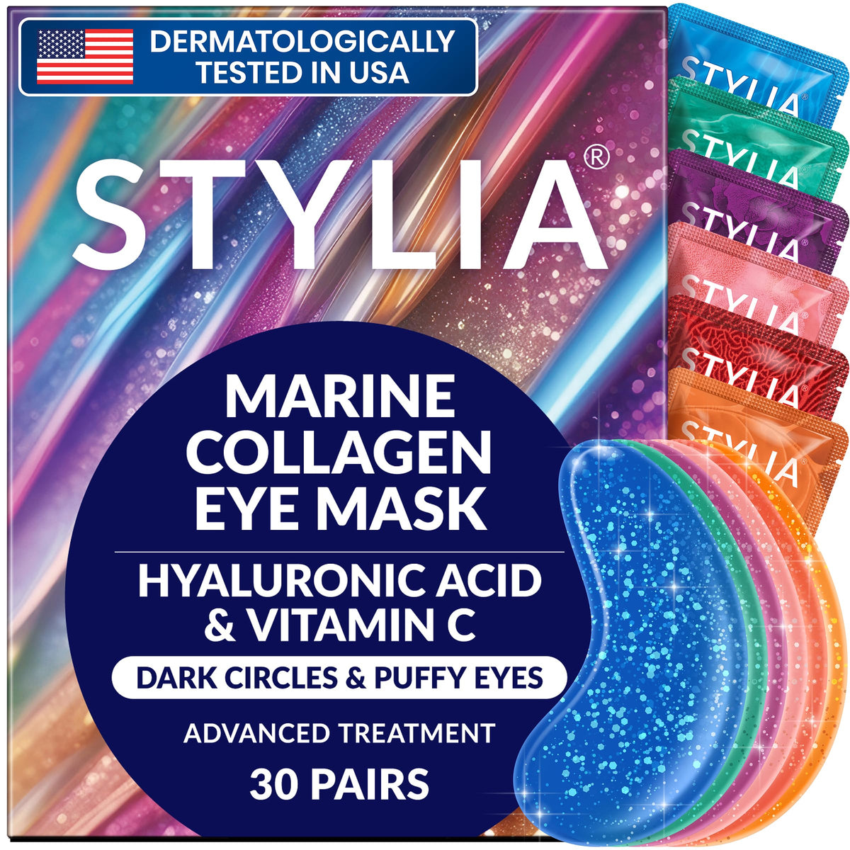 Stylia collagen vitamin C under-eye patches in a box for easy depuffing and hydration