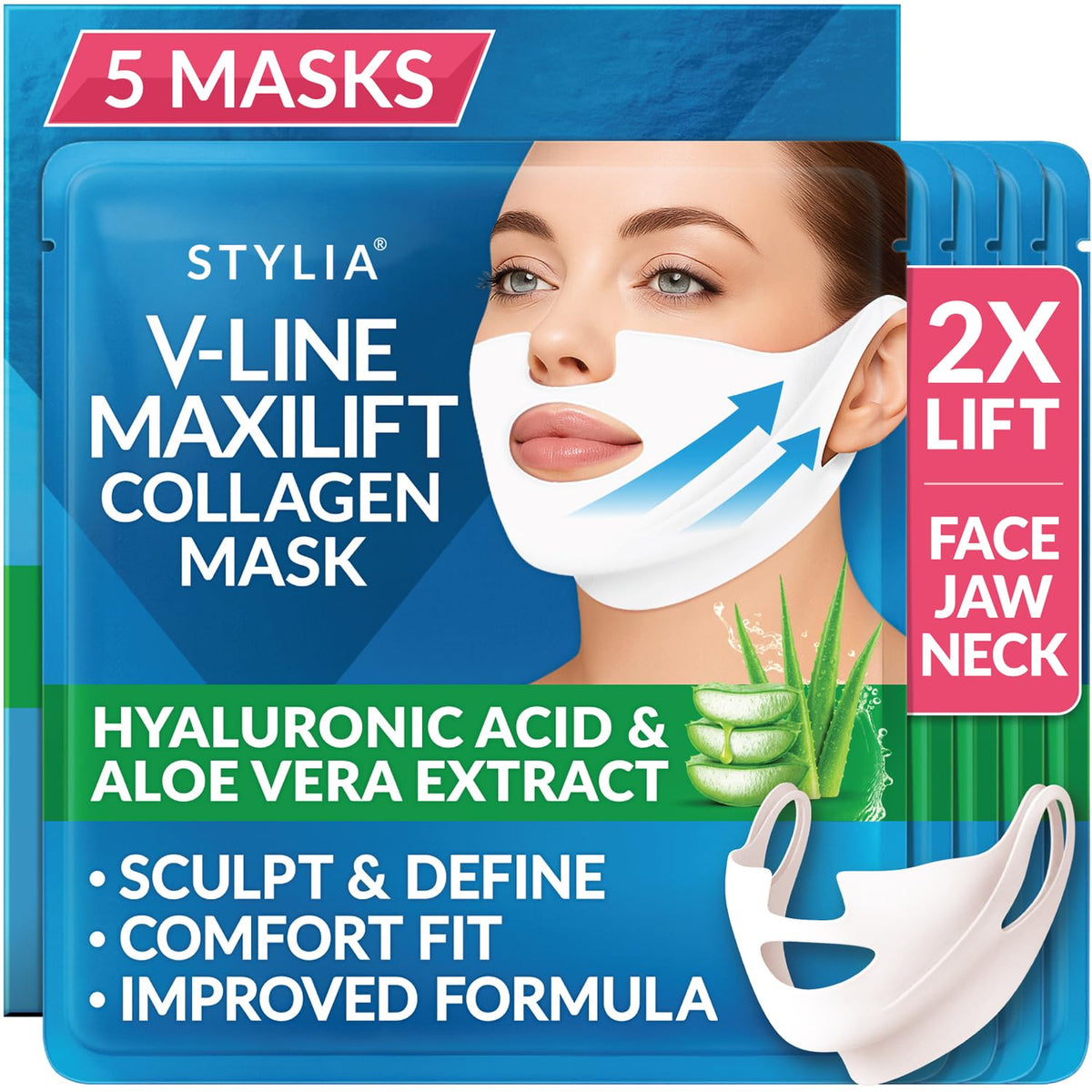 Stylia MaxiLift face mask close-up showcasing contouring support for a defined jawline.