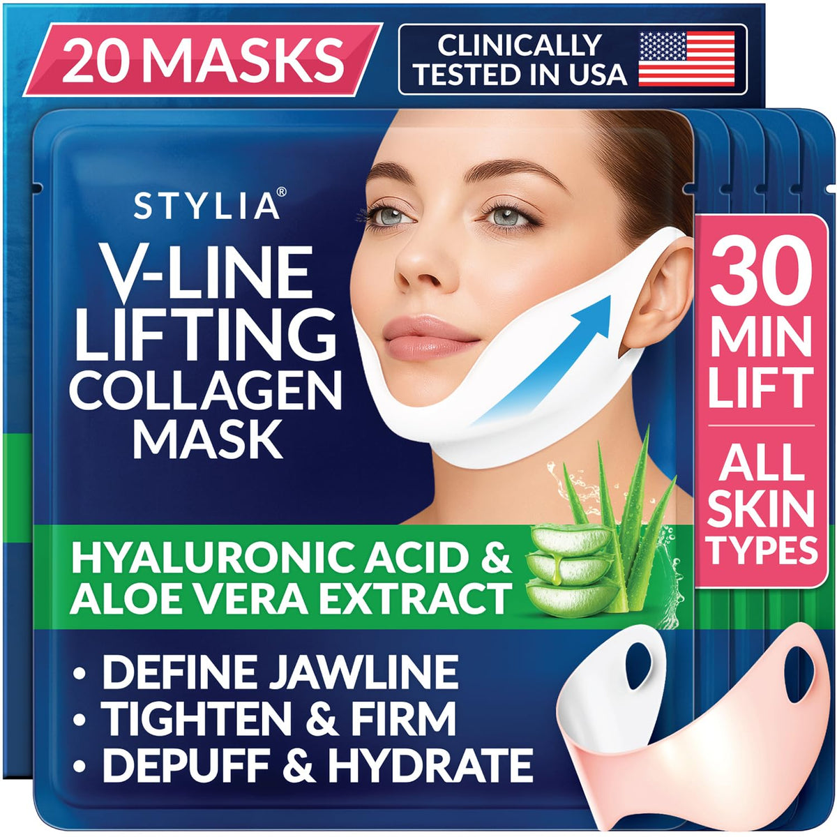 Stylia V Line mask closeup application for jawline definition.