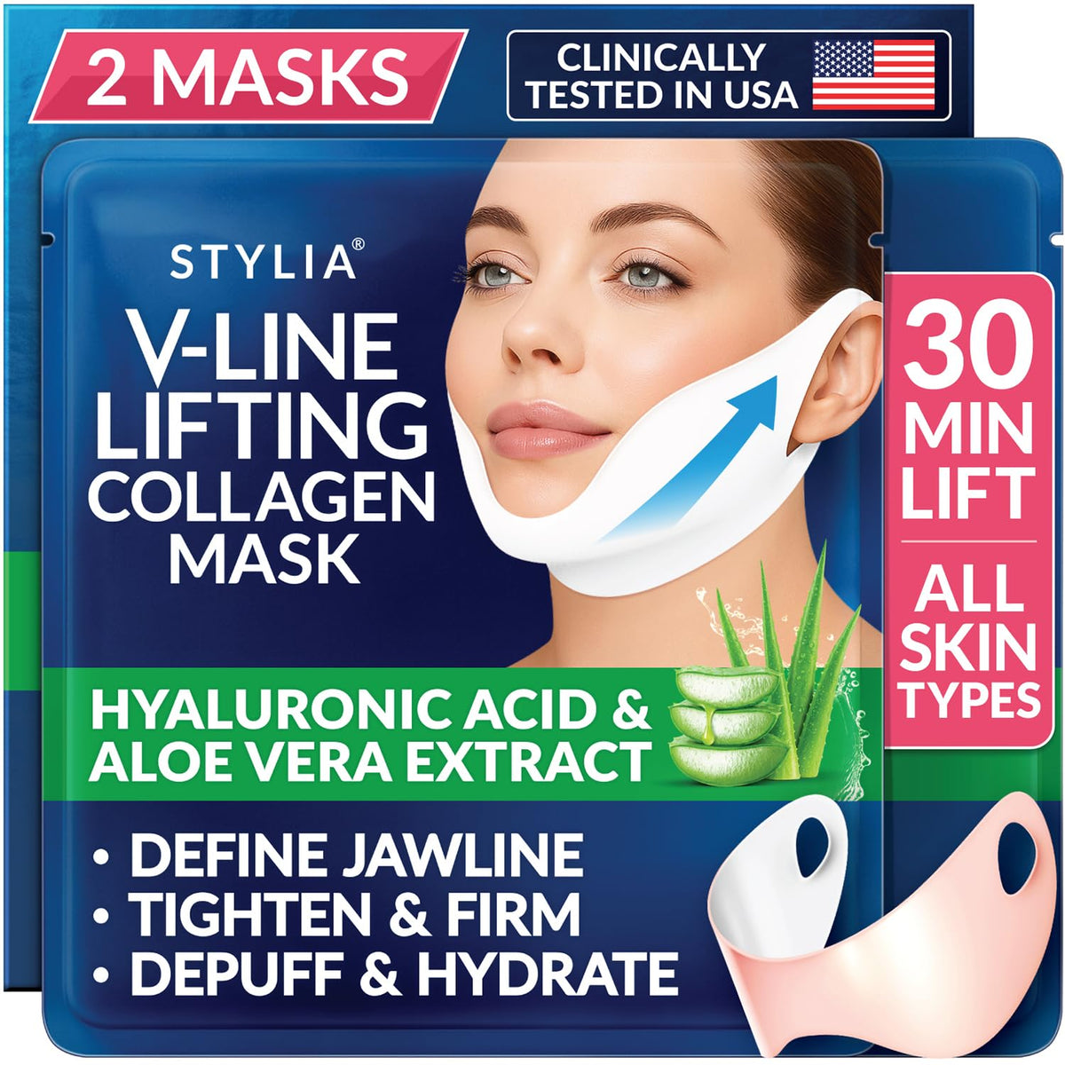 Stylia V Line mask packaging highlights collagen formula for jawline refinement.