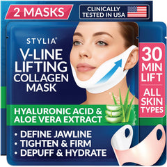Stylia V Line mask packaging highlights collagen formula for jawline refinement.