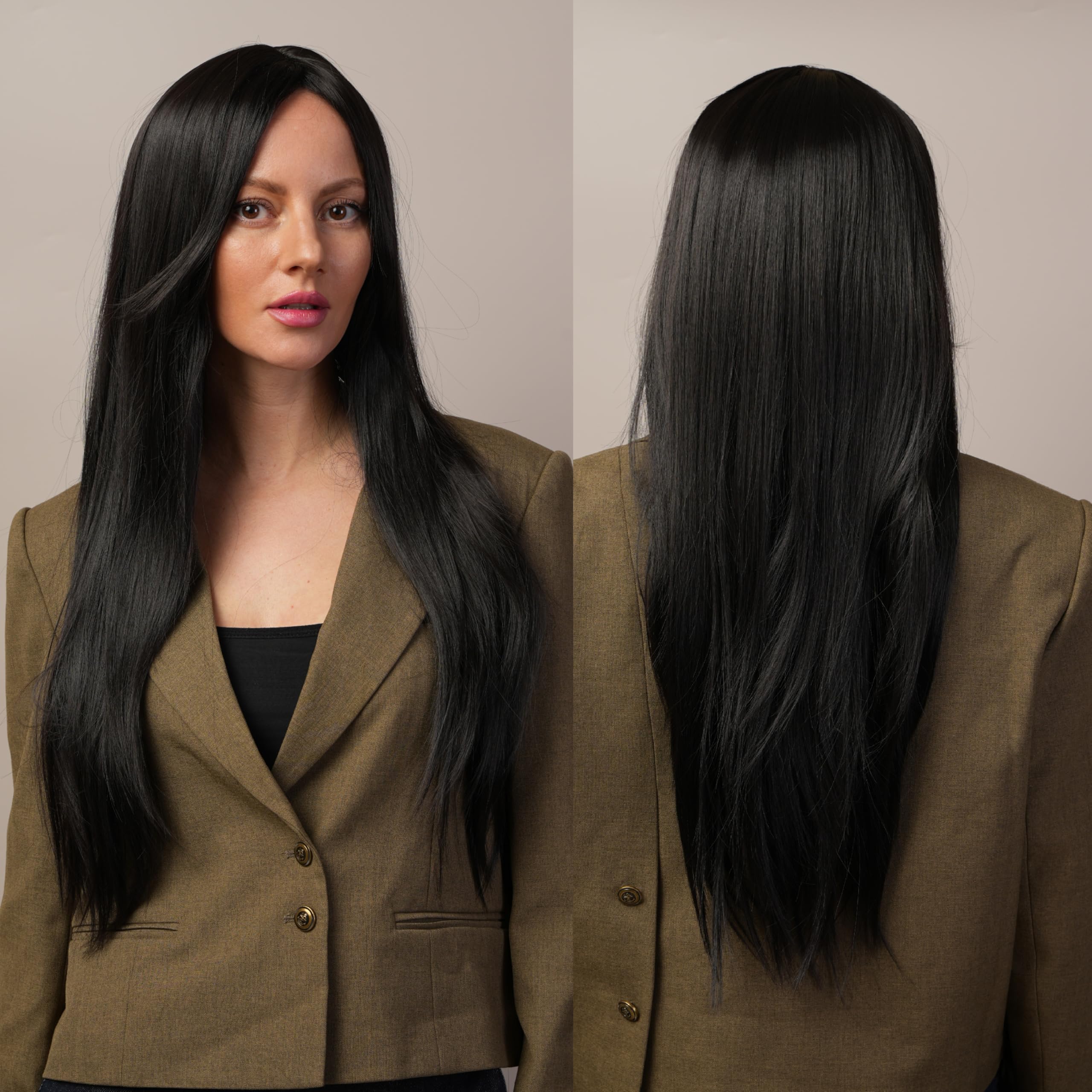 Stylophyx Black Mid-Part Long Straight Wig front view with natural shine for daily wear.