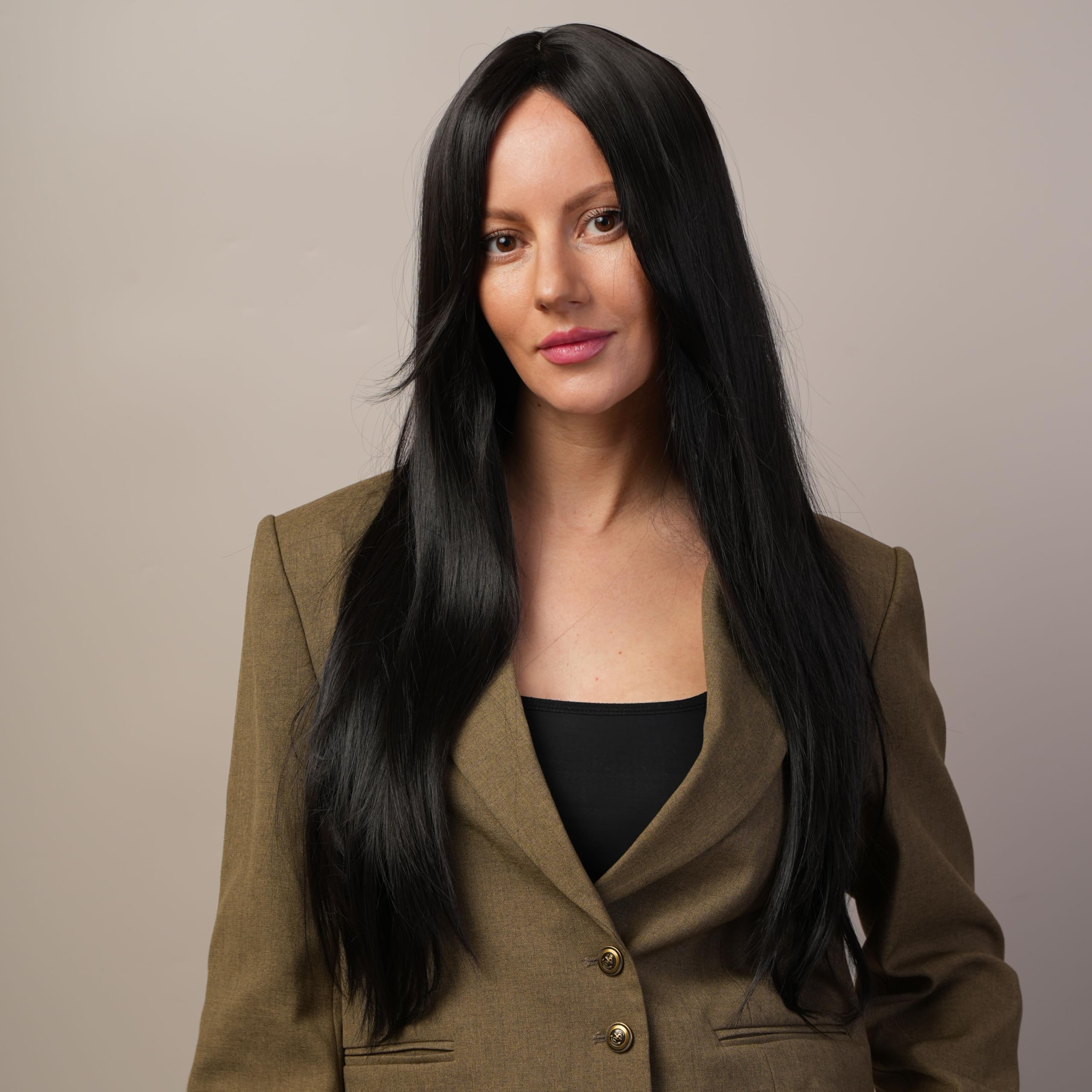 Stylophyx Black Mid-Part Long Straight Wig side view shows breathable comfort for long events.