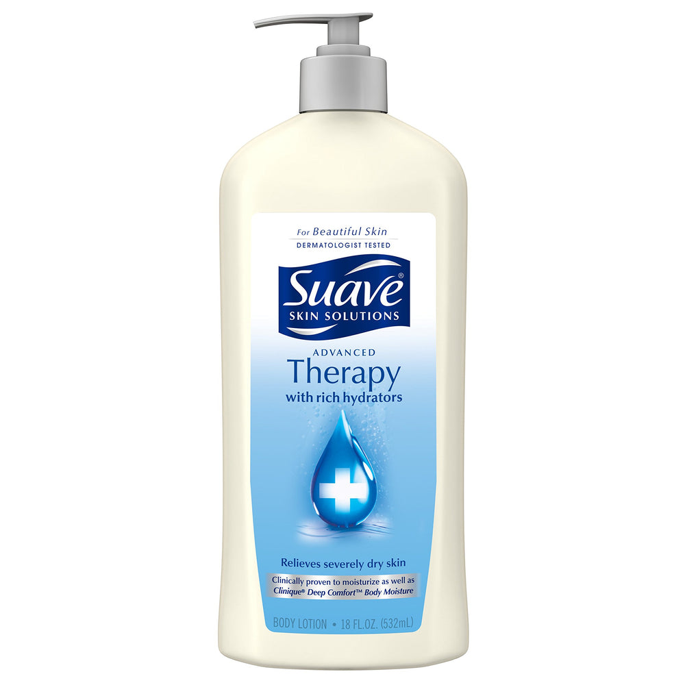 Suave Advanced Therapy bottle front promotes long-lasting moisturization
