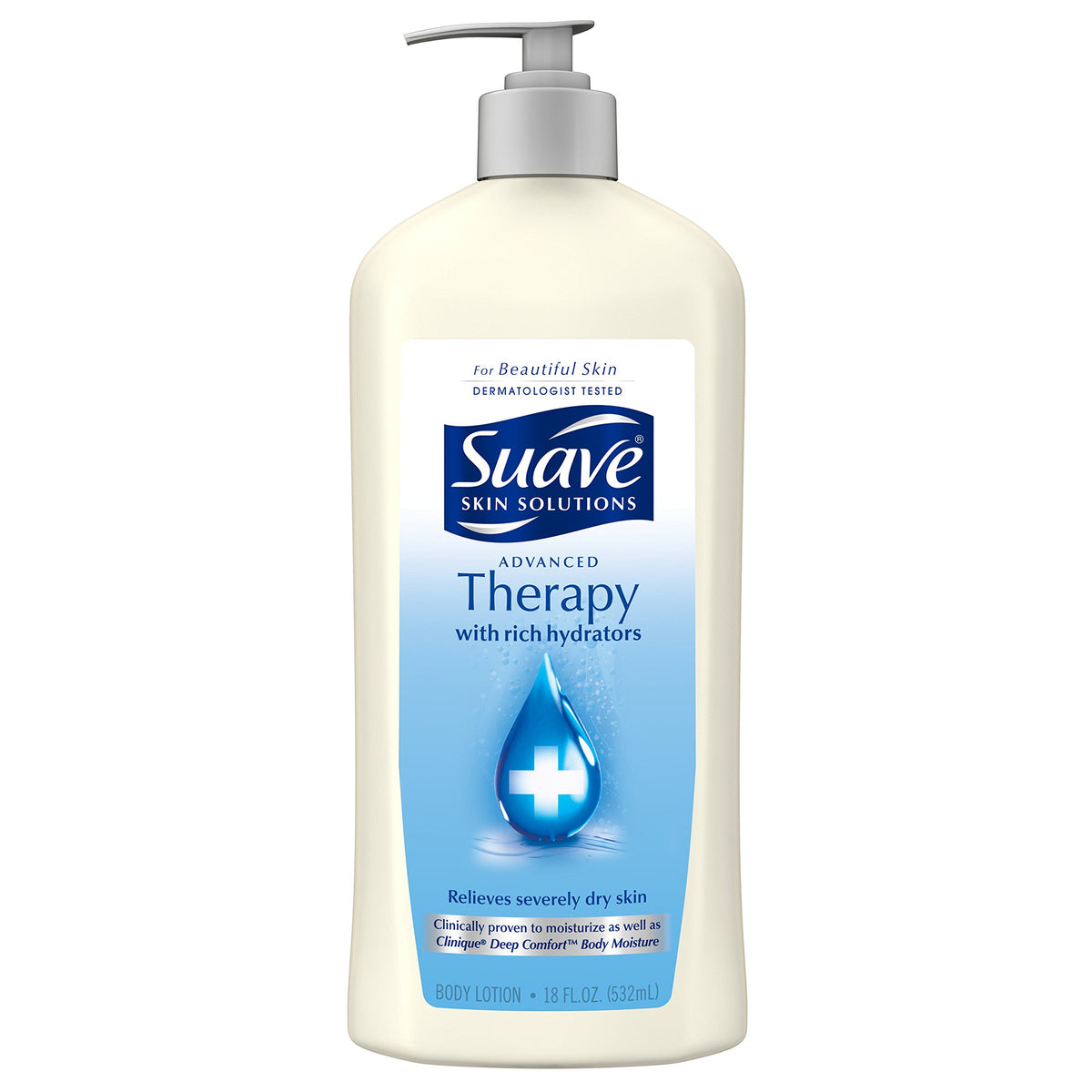Suave Advanced Therapy bottle front promotes long-lasting moisturization
