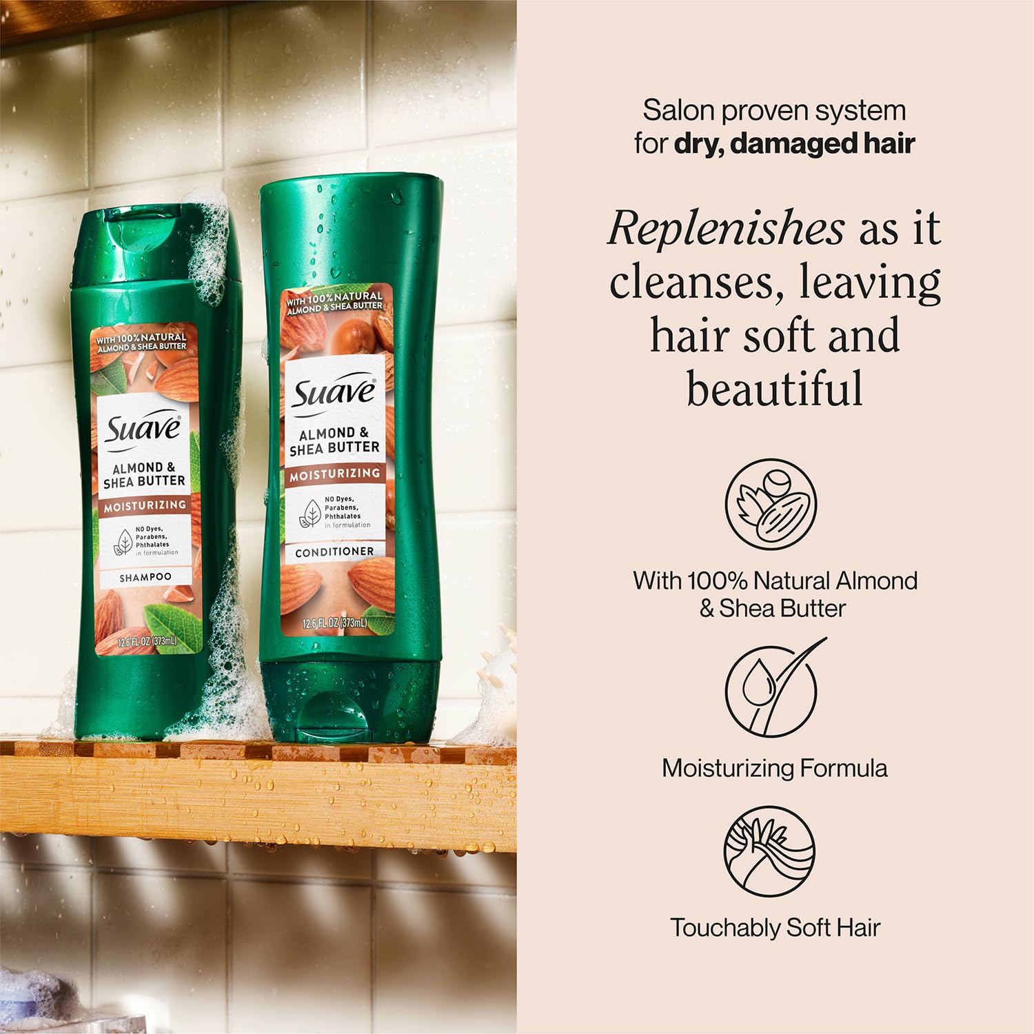 Suave almond-shea-butter conditioner bottle front promises smoother, nourished strands.