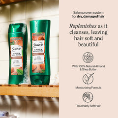 Suave almond-shea-butter conditioner bottle front promises smoother, nourished strands.