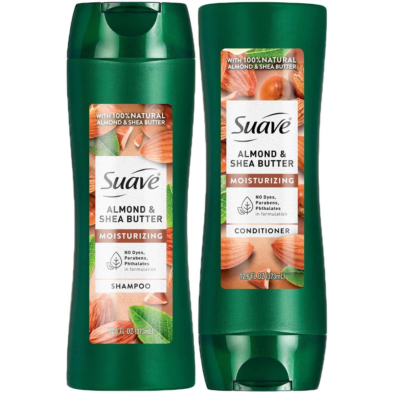 Suave almond-shea-butter shampoo bottle front for daily moisturizing hydration.