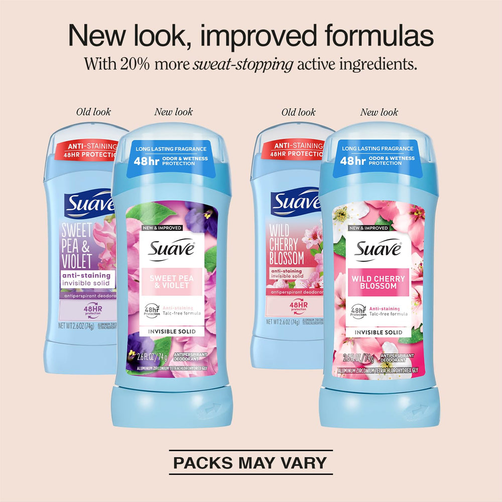 Suave Sweet Pea & Violet pack close-up highlighting fragrance variety