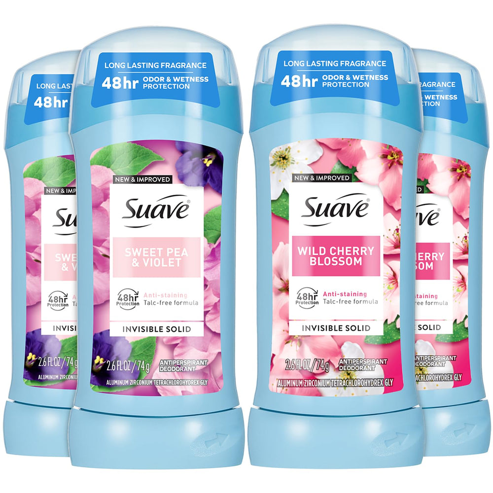 Suave antiperspirant Wild Cherry Blossom stick in use for quick, dry protection